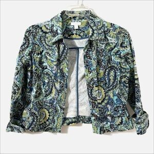 Charter Club Blue and Green Paisley Long Sleeve Button Front Jacket Point Collar
